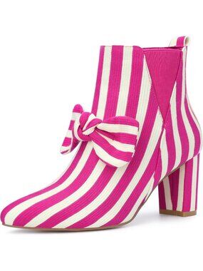 Women's Hot Pink Pointed Toe Side ZIP Striped Pattern Chunky Heels Ankle Boots